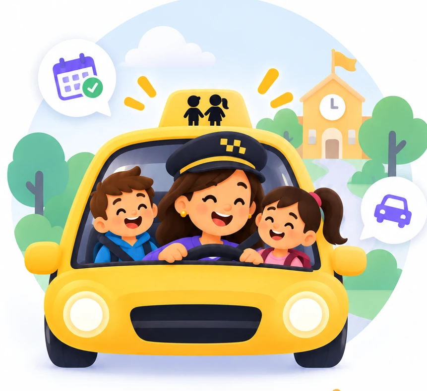 Una madre conduce un coche amarillo con sus dos hijos sonriendo, camino del colegio